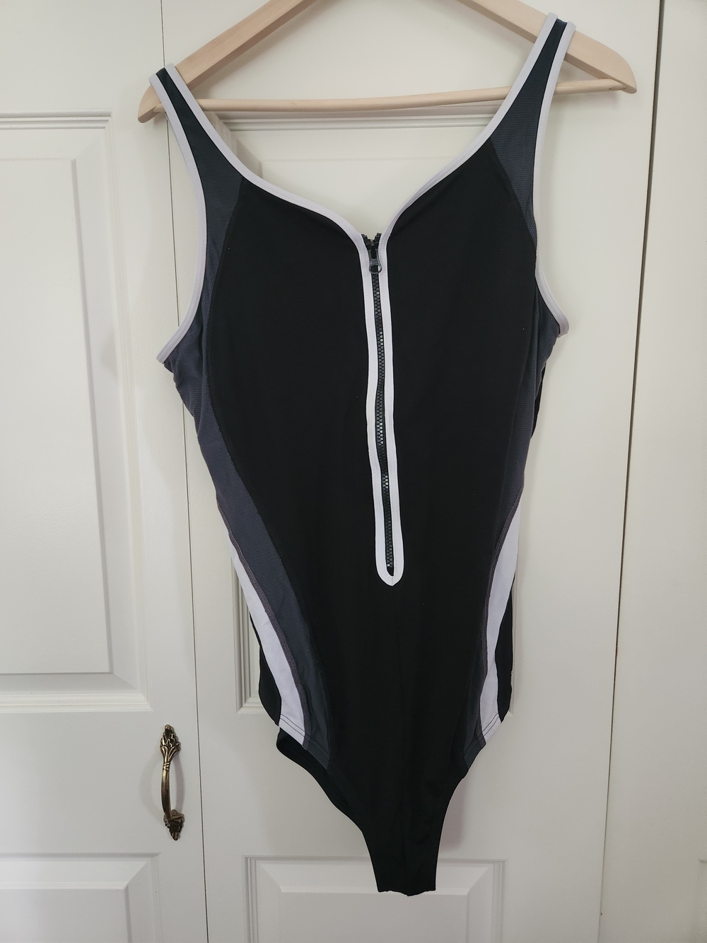 Speedo Black, Gray & White Zip-Front One-Piece Swim Suit